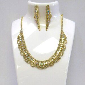 Gold Rhinestone Sparkle Necklace & Earrings Set Bridal Wedding Evening